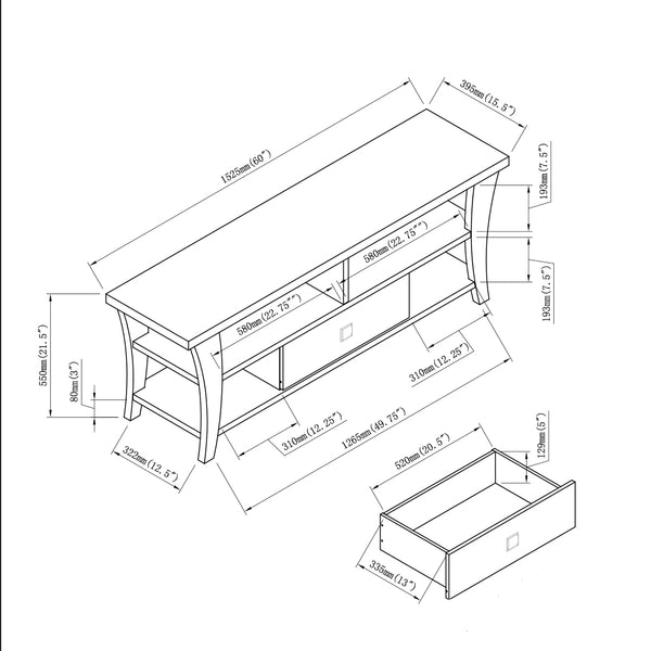 English Elm TV Stand Curved Legs Modern Media Console with Divided Shelf, One Drawer on Metal Glides, Open Design B107P302100