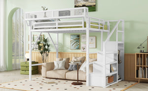 English Elm Full Size Metal Loft Bed with Stair Wardrobe and Shelves for Kids Teen Rooms W2580S00056
