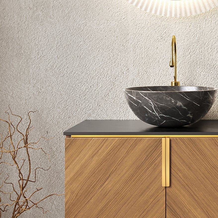 English Elm 60" ARAI Oak Vanity Cabinet with Black & White Sintered Stone Top, Plywood, Soft-Close Drawers W2615P279359