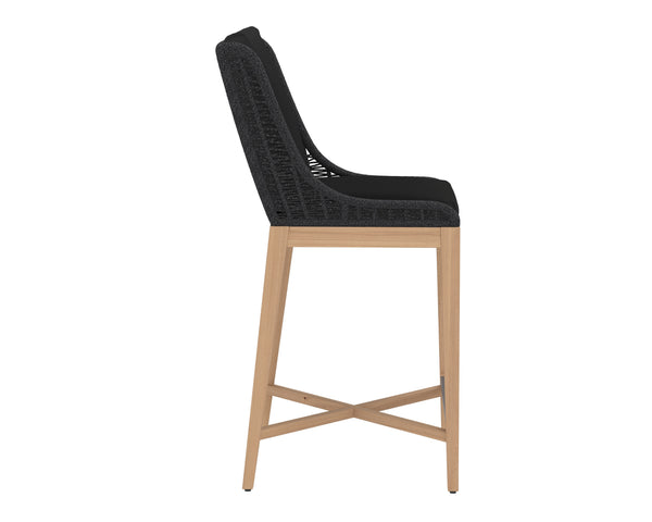 Sunpan Sorrento Stylish Outdoor Barstool with Durable Teak Wood Base and Weather-Resistant Fabric Seat Arashi Black