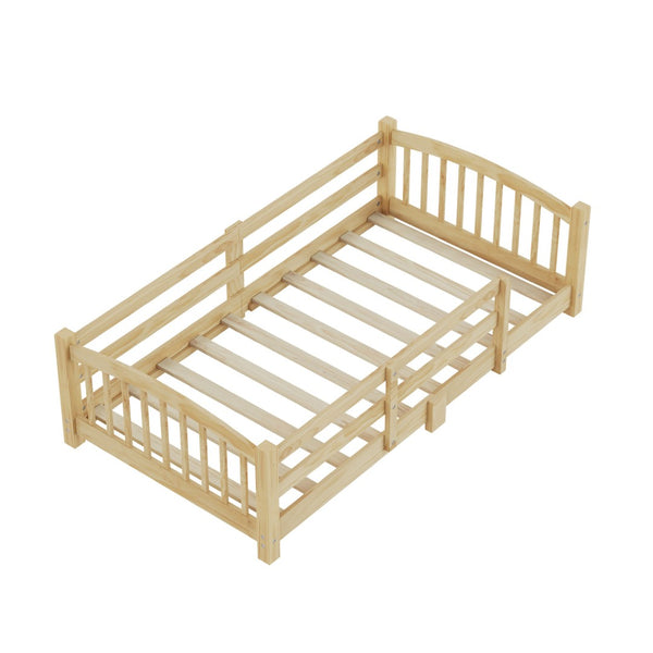 English Elm Twin Montessori Floor Bed Solid Pine Frame with Safety Guardrails for Kids Bedroom Natural N733P400298N