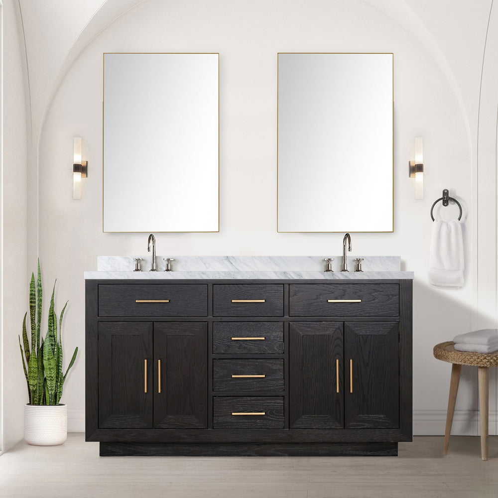 English Elm Black Oak Double Bath Vanity With Carrara Marble Top, Chrome Faucets & 28" Mirrors - Ready To Install! B2731S02172