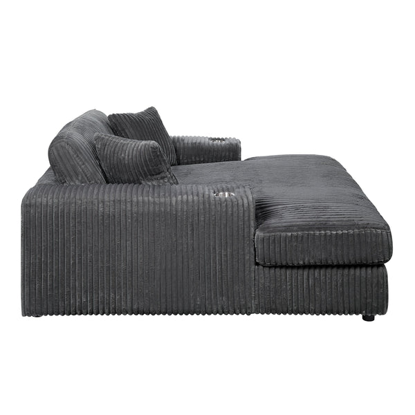 English Elm Hilde Gray Corduroy Chaise with 2 Pillows — Dark Gray Foam D28/D33, Pocket Coil Seat, Cup Holder, Removable Covers B2726P256671