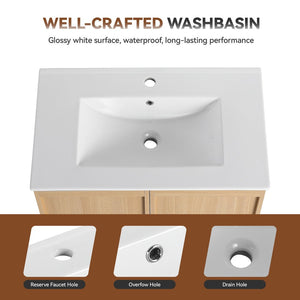 English Elm 30" Floating Bathroom Vanity Dark Oak Cabinet Ceramic Sink Open Shelf Soft Close Glossy White,Light Oak W3450P435844