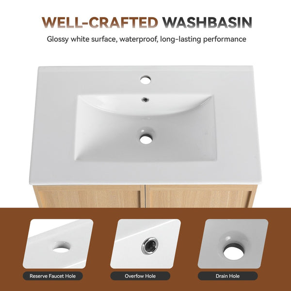 English Elm 30" Floating Bathroom Vanity Dark Oak Cabinet Ceramic Sink Open Shelf Soft Close Glossy White,Light Oak W3450P435844