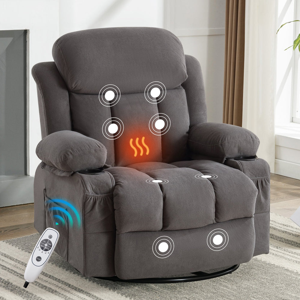 English Elm Swinging reclining massage sofa with 360° swivel, heated 8-point massage, USB & dual cup holders Grey W1521P303177