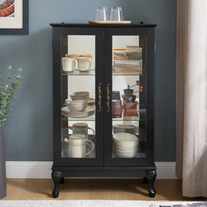 English Elm Curio Cabinet with Lighted Tempered Glass, Mirrored Back, Adjustable Shelves, Vintage Handle — Black W2275P389705
