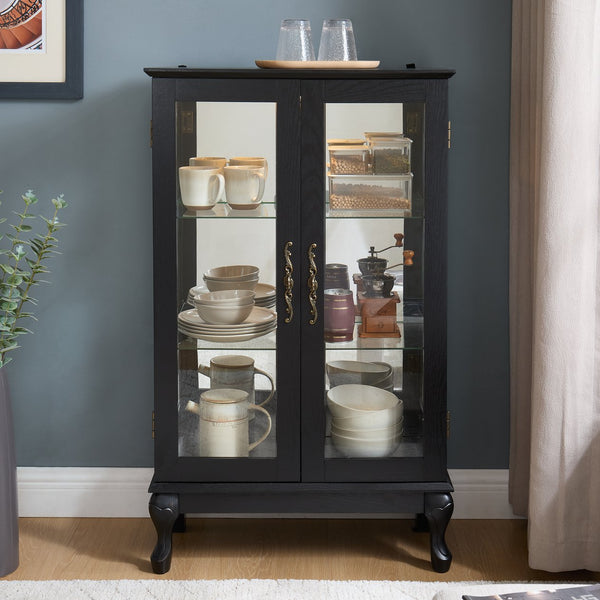 English Elm Curio Cabinet with Lighted Tempered Glass, Mirrored Back, Adjustable Shelves, Vintage Handle — Black W2275P389705