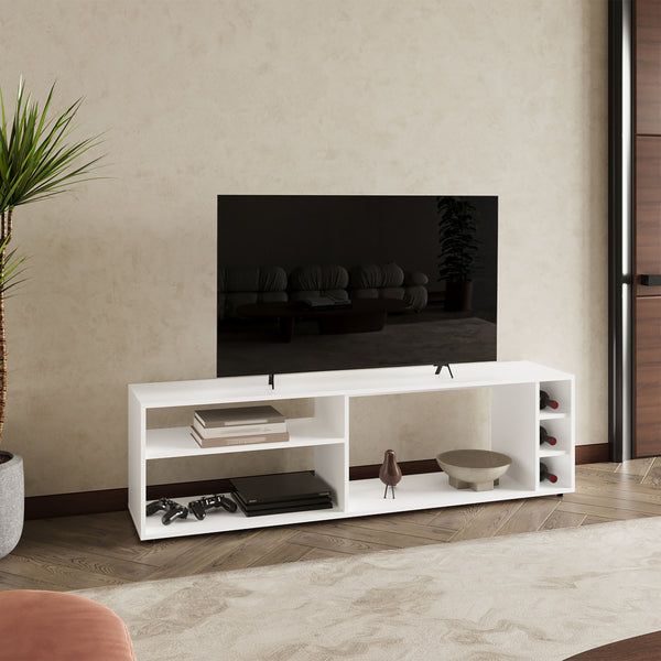 English Elm Tv Stand with Three Open Shelves for Media Storage and Decor, Slim Profile, Eco-Friendly Engineered Wood White 68.5 L x 18.9 W x 3.54 H B097P296885