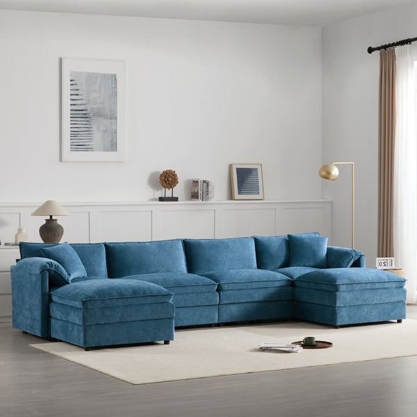 English Elm [new U-shaped Chenille Cloud Sectional 6 Seat Modular Sofa with Movable Ottoman Blue N723S6546C