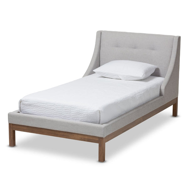Baxton Studio Baxton Studio Louvain Twin Platform Bed: Modern Greyish Beige Upholstered with Walnut Trim Elegance BBT6696-Greyish Beige-Twin