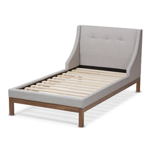 Baxton Studio Baxton Studio Louvain Twin Platform Bed: Modern Greyish Beige Upholstered with Walnut Trim Elegance BBT6696-Greyish Beige-Twin
