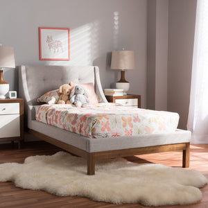 Baxton Studio Baxton Studio Louvain Twin Platform Bed: Modern Greyish Beige Upholstered with Walnut Trim Elegance BBT6696-Greyish Beige-Twin