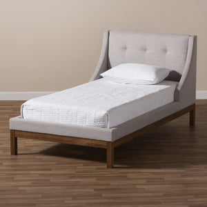 Baxton Studio Baxton Studio Louvain Twin Platform Bed: Modern Greyish Beige Upholstered with Walnut Trim Elegance BBT6696-Greyish Beige-Twin