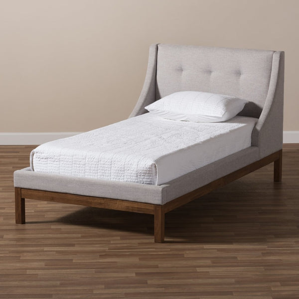Baxton Studio Baxton Studio Louvain Twin Platform Bed: Modern Greyish Beige Upholstered with Walnut Trim Elegance BBT6696-Greyish Beige-Twin