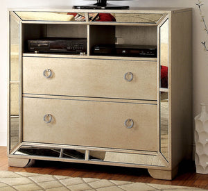 English Elm Unique Luxury Media Chest 46" W Champagne Gray Finish with Antique Mirror Panels, Tufted Glam Design, Ring Pulls B2741P367198