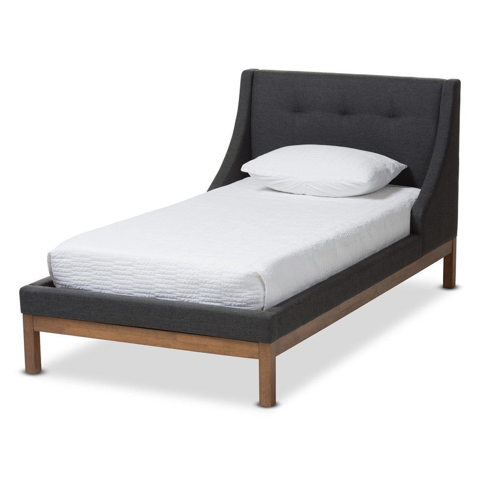 Baxton Studio Baxton Louvain Twin Platform Bed – Modern Dark Grey Upholstered Frame with Chic Walnut Accents BBT6696-Dark Grey-Twin