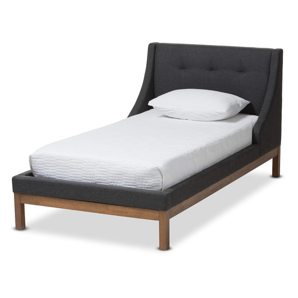 Baxton Studio Baxton Louvain Twin Platform Bed – Modern Dark Grey Upholstered Frame with Chic Walnut Accents BBT6696-Dark Grey-Twin