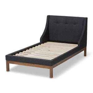 Baxton Studio Baxton Louvain Twin Platform Bed – Modern Dark Grey Upholstered Frame with Chic Walnut Accents BBT6696-Dark Grey-Twin