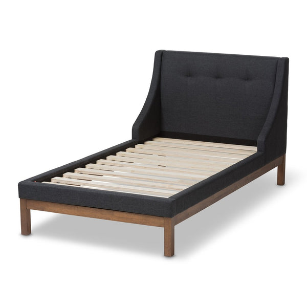 Baxton Studio Baxton Louvain Twin Platform Bed – Modern Dark Grey Upholstered Frame with Chic Walnut Accents BBT6696-Dark Grey-Twin