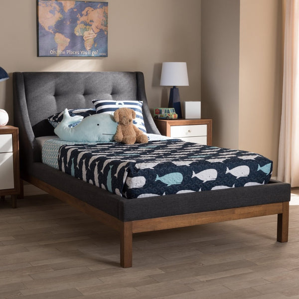 Baxton Studio Baxton Louvain Twin Platform Bed – Modern Dark Grey Upholstered Frame with Chic Walnut Accents BBT6696-Dark Grey-Twin