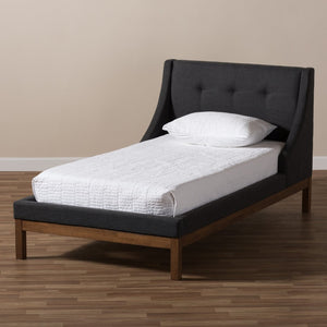 Baxton Studio Baxton Louvain Twin Platform Bed – Modern Dark Grey Upholstered Frame with Chic Walnut Accents BBT6696-Dark Grey-Twin