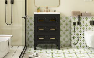 English Elm 24'' Bathroom Vanity with Ceramic Sink and 3 Drawers Retro Solid Wood Frame Freestanding Storage Black N710P371184B
