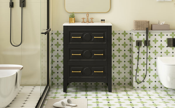 English Elm 24'' Bathroom Vanity with Ceramic Sink and 3 Drawers Retro Solid Wood Frame Freestanding Storage Black N710P371184B