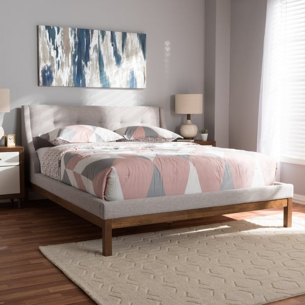 Baxton Studio Baxton Studio Louvain Modern Upholstered Platform Bed with Walnut Trim and Button-Tufted Headboard Full BBT6696-Greyish Beige-Full