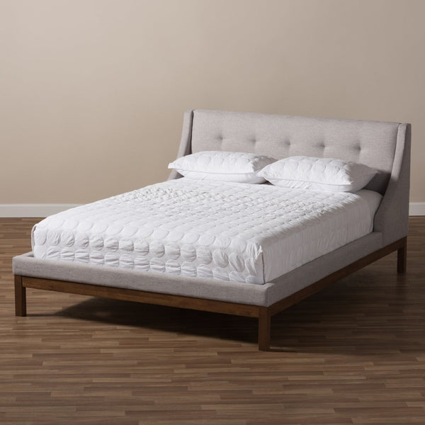 Baxton Studio Baxton Studio Louvain Modern Upholstered Platform Bed with Walnut Trim and Button-Tufted Headboard Full BBT6696-Greyish Beige-Full