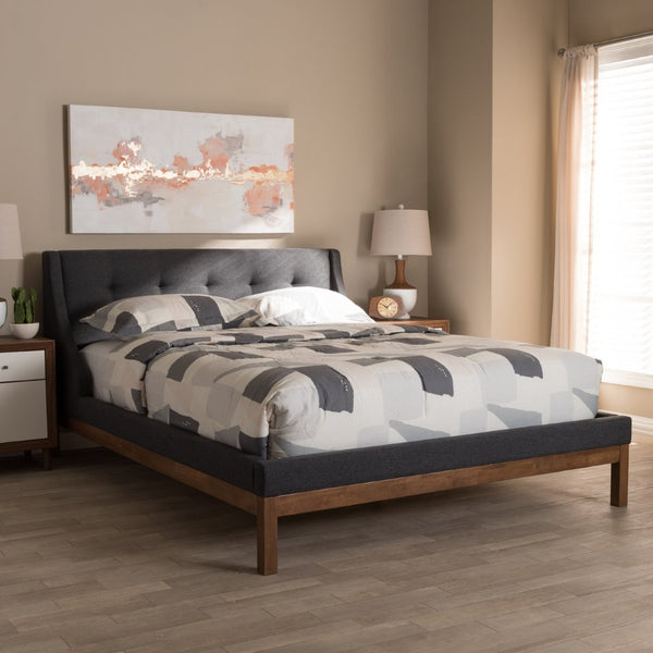 Baxton Studio Baxton Studio Louvain Full-Size Platform Bed in Dark Grey Fabric with Walnut Finish & Winged Headboard BBT6696-Dark Grey-Full