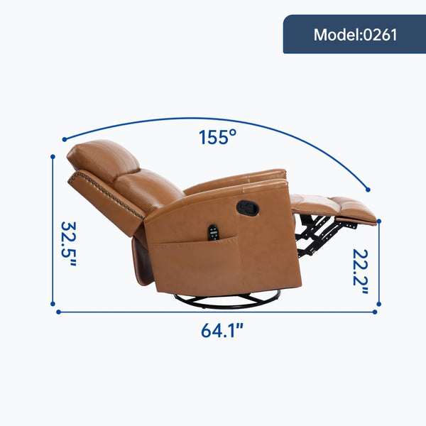 English Elm Orange Genuine Leather Massage Rocking Swivel Recliner with Lumbar Heat for Living Room W1803P323715