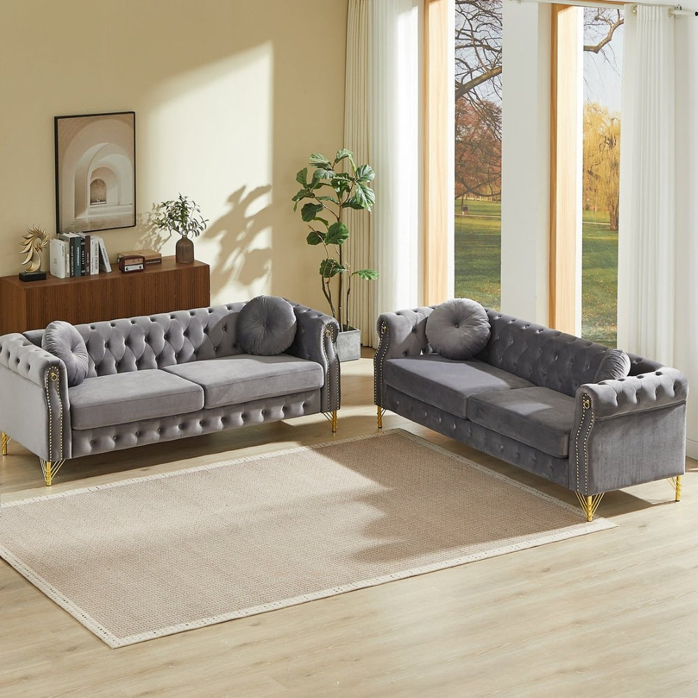 English Elm Velvet Chesterfield Tufted Sofa with Copper Stud Trim and Gold Legs for Glam Living Grey W834S00624