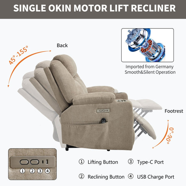 English Elm Up to 350 Lbs Chenille Power Lift Recliner with Massage Heating and Usb Charging Ports Khaki W3224S00026