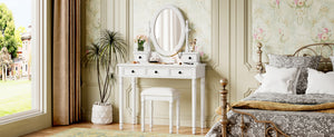English Elm Vanity Vintage Wooden Makeup Desk with 180° Adjustable Mirror, 5 Velvet‑Lined Drawers & Cushioned Stool White 52.7 L x 22.5 W x 11 H N733P305139K