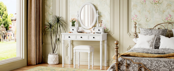 English Elm Vanity Vintage Wooden Makeup Desk with 180° Adjustable Mirror, 5 Velvet‑Lined Drawers & Cushioned Stool White 52.7 L x 22.5 W x 11 H N733P305139K
