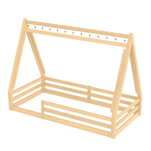English Elm Twin Montessori Floor Bed Solid Pine Teepee Frame with Guardrails and Canopy Light W1580P369466