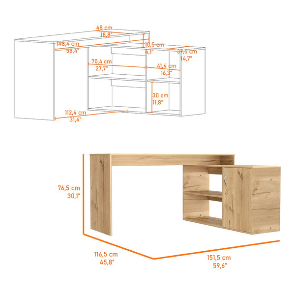 English Elm Dallas L-Shaped Home Office Desk Light Oak – Corner-Friendly 59.6"W Extended Workstation with Storage B128S00162