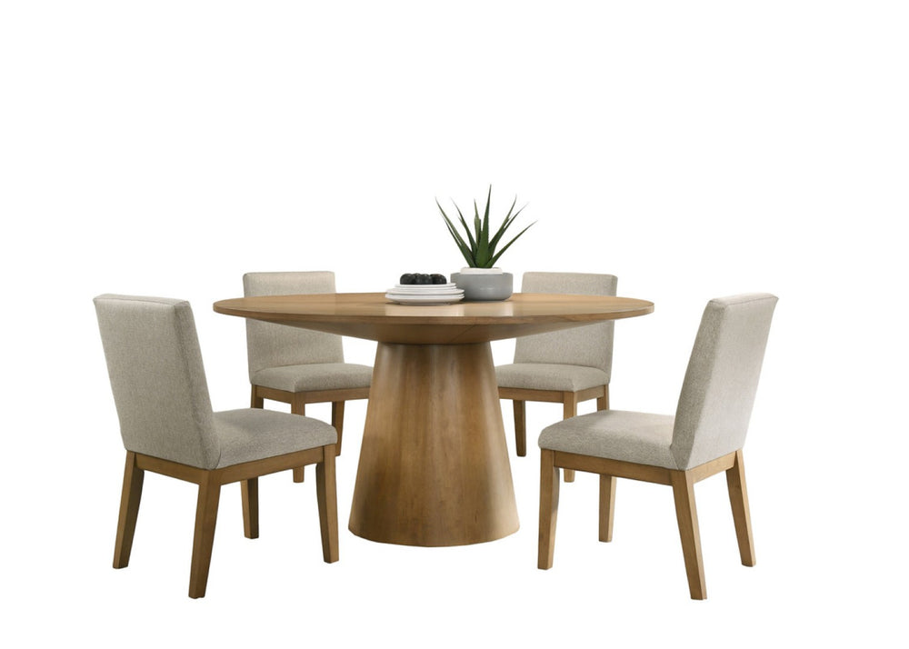English Elm Jacopo Round Pedestal Dining Set Five Piece Ebony Black with Beige Upholstered Chairs B2749S00292