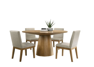 English Elm Jacopo Round Pedestal Dining Set Five Piece Ebony Black with Beige Upholstered Chairs B2749S00292
