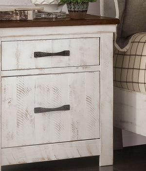 English Elm Plank Distressed White Transitional Nightstand 2-Drawer Solid Wood Bedside Table with Brass Arch Pulls and Felt-Lined French Dovetail Drawers B011P378480
