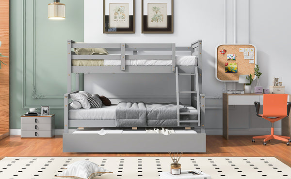 English Elm Twin Pine-over-Full Bunk Bed with Attached Ladder, Trundle & Full-Length Guardrail for Space-Saving Rooms Gray SM000208AAE-1