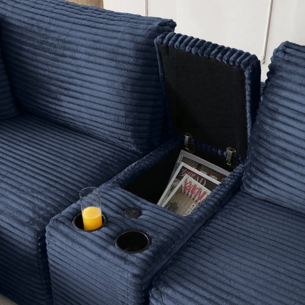 English Elm Modular Cloud Sectional Sofa with Corduroy Deep Seating Usb Ports and Storage Ottoman Blue W1117S00362