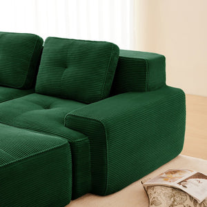 English Elm Modern Corduroy Sectional Sofa Deep Seat V Shape Tufted Couch with Movable Ottoman Green W714S01582