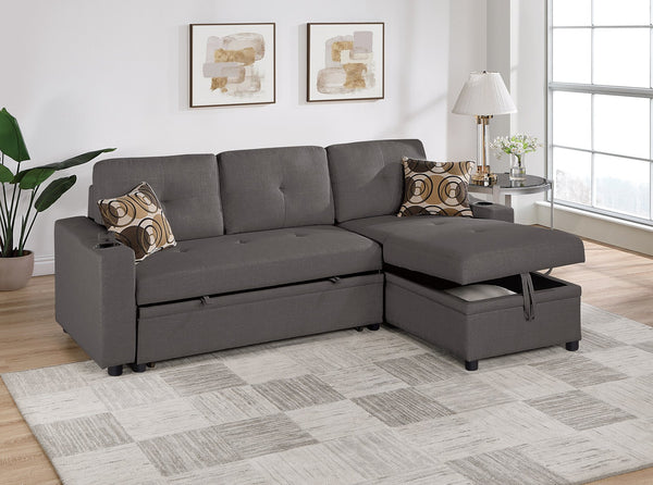 English Elm Ash Convertible Sectional Sofa with Pull-Out Bed, Reversible Storage Chaise, Cupholders, Tufted Elegance B011S01021