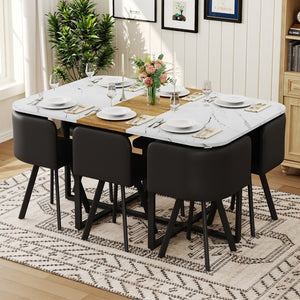 English Elm 7-piece Melamine Dining Set with Pu Cushioned Chairs and Iron Frame for Small Spaces W3875S00119