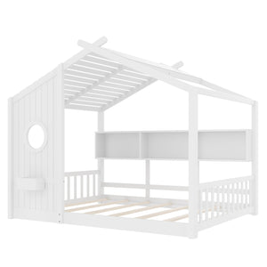 English Elm Full House Floor Bed with Roof Playhouse Design, Montessori Style with Rear Storage Shelf, Sturdy Pine White 78.5 L x 16.35 W x 8 H N733P335068K