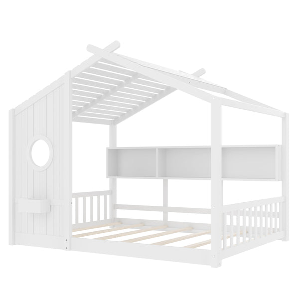 English Elm Full House Floor Bed with Roof Playhouse Design, Montessori Style with Rear Storage Shelf, Sturdy Pine White 78.5 L x 16.35 W x 8 H N733P335068K