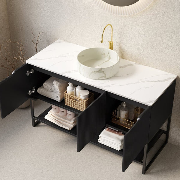 English Elm Tulio Freestanding 48 Inch Bathroom Vanity Sintered Stone Top with Open Shelf Storage W2615S00217