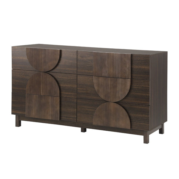English Elm Modern Fluted 6 Drawer Dresser with Solid Wood Legs Japandi Chest for Bedroom Dark Brown N739S0000013D